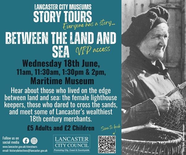 poster with black and white photo of lighthouse keeper Janet Raby. She's quite old in this picture, dressed in a warm coat and tam o'shanter hat, holding a basket and small fishing net made from a forked stick with netting attached. 